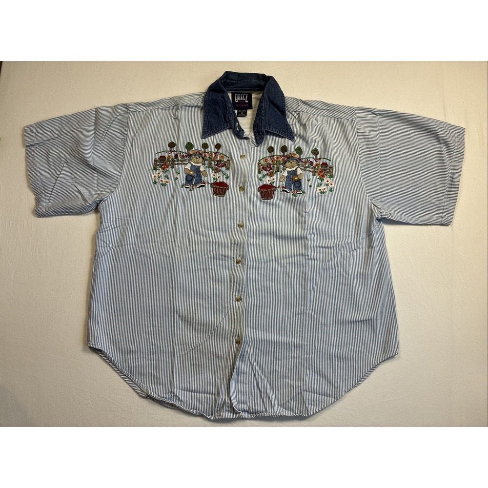 QUIZZ WOMAN SIZE 18 EMBROIDERED SHORT SLEEVE SHIRT 100% COTTON PIN STRIPE APPLES